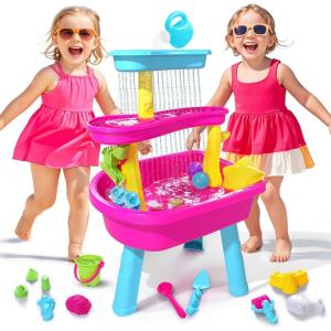 imageVATOS 3Tier Sand Water Table for Toddlers 37Piece Kids Water Table Splash Pond Toys Set for Outside Outdoor Backyard Toddlers Activity Sensory Water Play Table Summer Toys for Girls PinkPink