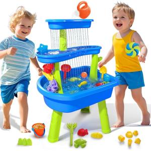 imageVATOS 3Tier Sand Water Table for Toddlers 37Piece Kids Water Table Splash Pond Toys Set for Outside Outdoor Backyard Toddlers Activity Sensory Water Play Table Summer Toys for Girls PinkBlue