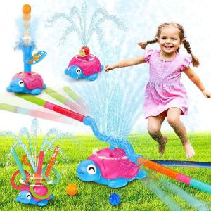 imageVATOS 4in1 Turtle Water Sprinkler for Kids Outdoor Toys with Snail Splash Ring Toss Catch Ball Game ampamp Hurdle Play 360Roating Spray Summer Fun Backyard Garden Lawn for Toddlers Kids Boys 38Pink