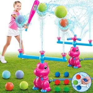 imageVATOS Water Sprinkler Baseball Toy for Kids 4 in 1 Dinosaur Sprinklers 360 Rotating Spray ampamp Splash Baseball ampamp Water Ball Toy Summer Outdoor Water Play Games for Yard Backyard Garden LawnPink