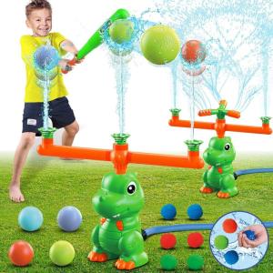 imageVATOS Water Sprinkler Baseball Toy for Kids 4 in 1 Dinosaur Sprinklers 360 Rotating Spray ampamp Splash Baseball ampamp Water Ball Toy Summer Outdoor Water Play Games for Yard Backyard Garden LawnGreen