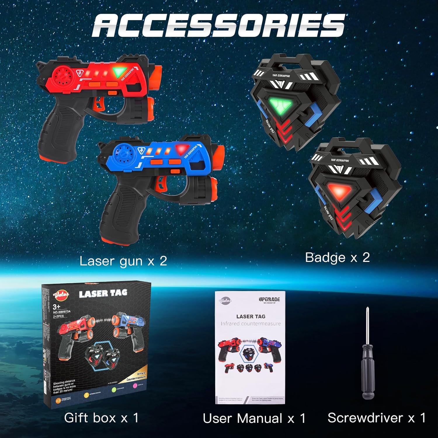 imageVATOS Laser Tag Guns Set Infrared Mini Laser Tag for Kids with Badges 2 Pack Laser Tag Game 2 Players Indoor Outdoor Laser Tag Blaster Group Activity Fun Toy for Kids Age 4 5 6 7 Boys Girls