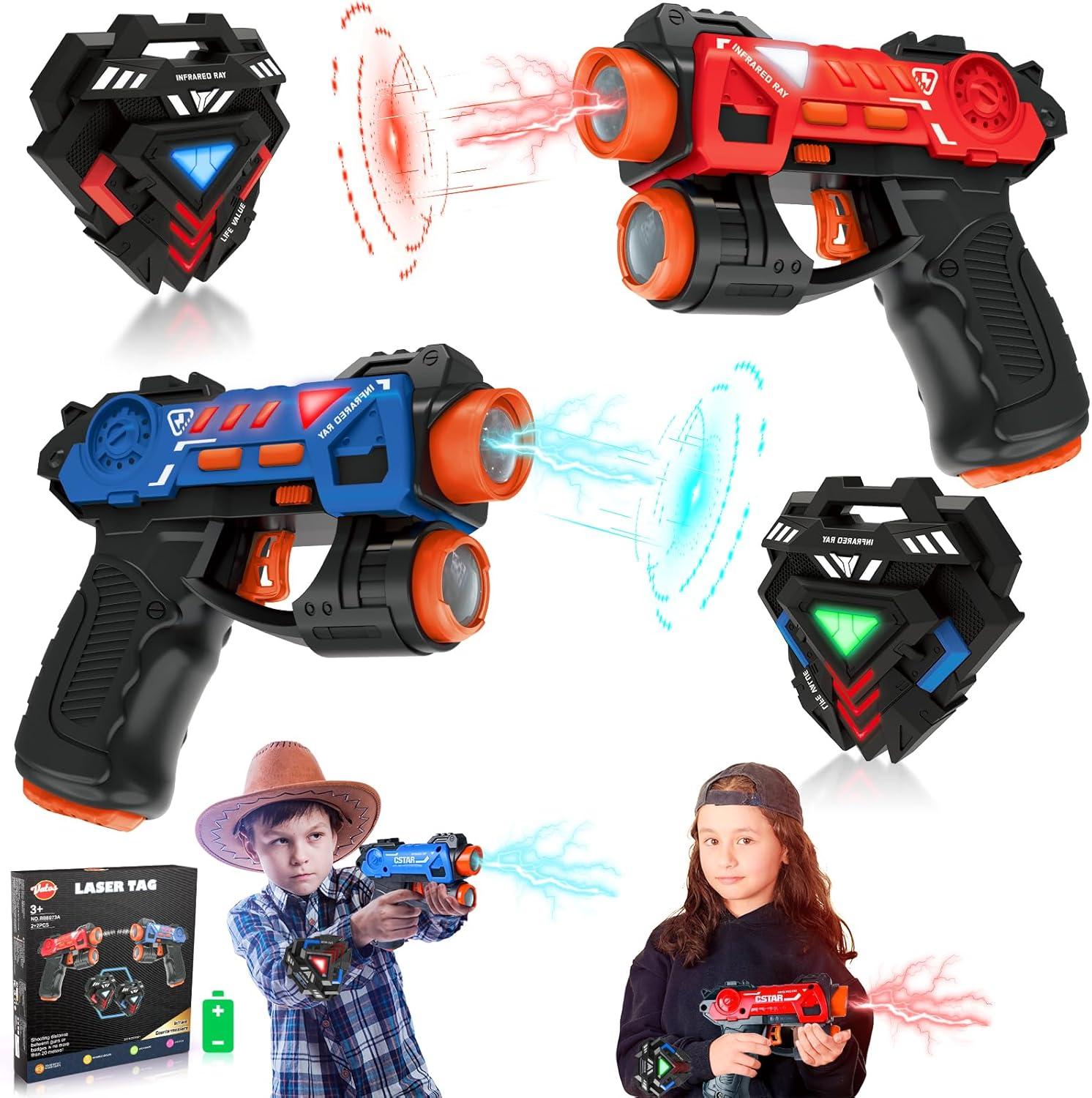 imageVATOS Laser Tag Guns Set Infrared Mini Laser Tag for Kids with Badges 2 Pack Laser Tag Game 2 Players Indoor Outdoor Laser Tag Blaster Group Activity Fun Toy for Kids Age 4 5 6 7 Boys Girls