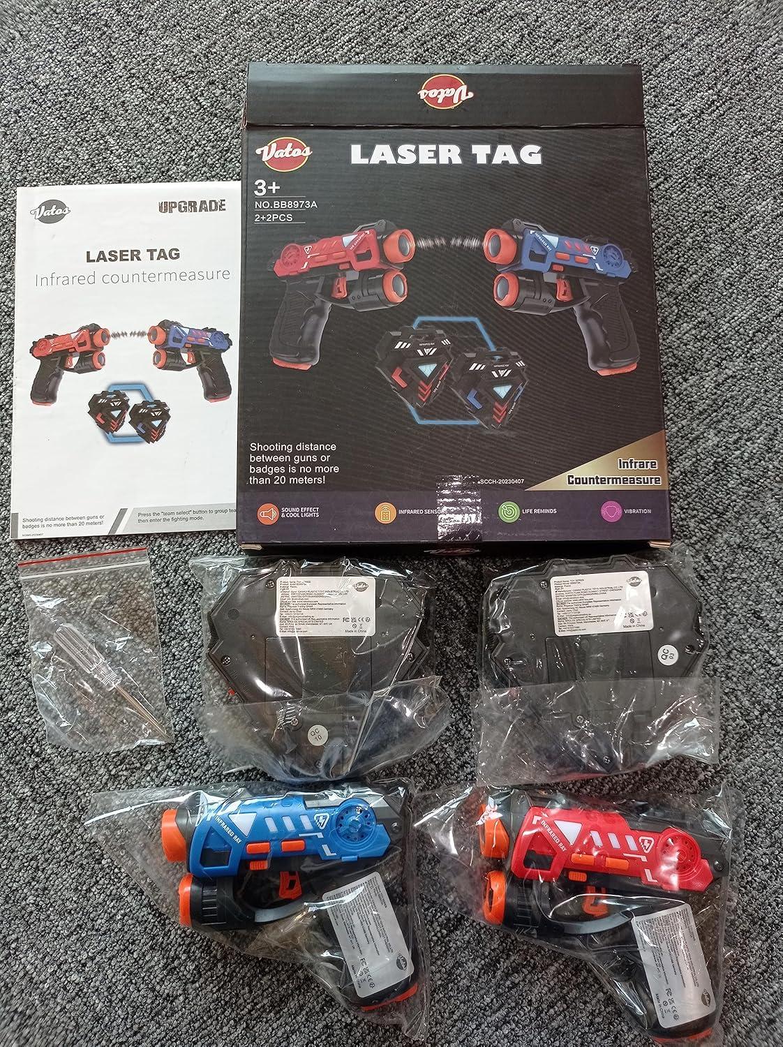 imageVATOS Laser Tag Guns Set Infrared Mini Laser Tag for Kids with Badges 2 Pack Laser Tag Game 2 Players Indoor Outdoor Laser Tag Blaster Group Activity Fun Toy for Kids Age 4 5 6 7 Boys Girls