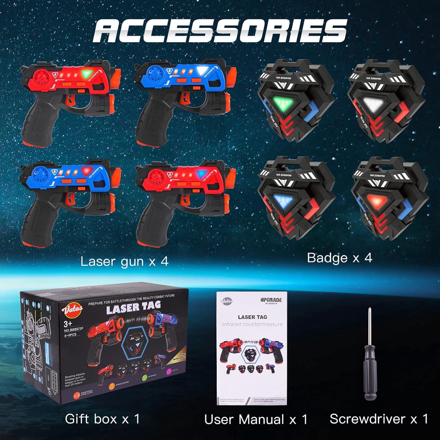 imageVatos Laser Tag Guns SetInfrared Mini Laser Tag for Kids with Badges 4 PackLaser Tag Game 4 Players Indoor OutdoorLaser Tag BlasterGroup Activity Fun Toy for Kids Age 4 5 6 7 Boys Girls