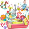 imageVATOS Electric Faucet Manual Pump 2 in 1 Play Sink with Running Water Duck Slide Water Table Kitchen Sink Toy Floating Pool Toy Fishing Game Kids Pretend Play Dishwasher Set for Girls Boys Ages 3