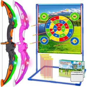imageVATOS 2 Pack Bow and Arrow Toy Light Up Archery Toy for Kids with Standing Target ampamp 20 Arrows Indoor ampamp Outdoor Activity Toys Birthday Gifts for 3 4 5 6 7 8 Year Old Kids Boys Girls