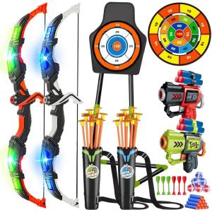 imageVATOS 2 Pack Bow and Arrow Toy for 5 6 7 8 9 10 11 Year Old Boys Girls Light Up Archery Toy with Cup Suction Standing Target ampamp 29 in Dart Board Indoor Outdoor Activity Toys Birthday