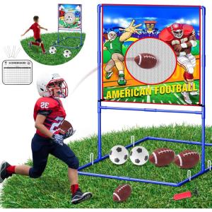 imageVATOS 2 in 1 Football Toss Target Games and Soccer Toy for Kids Throwing Target DoubleSided Goal with 2 Inflatable Footballs ampamp 2 Soccer Balls Indoor Outdoor Back to School Activity Toy Gift