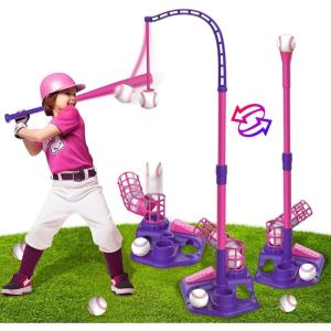 imageVATOS 3in1 T Ball Sets for Kids Teeball Toy Sets with 6pcs Baseballs T Ball Stand Hanging Tee Auto Launcher Retractable BatIndoor Outdoor Sports Toys Gifts for Boys Girls Age 38 Year Old