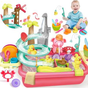 imageVATOS Electric Faucet Manual Pump 2 in 1 Play Sink with Running Water Duck Slide Water Table Kitchen Sink Toy Floating Pool Toy Fishing Game Kids Pretend Play Dishwasher Set for Girls Boys Ages 3