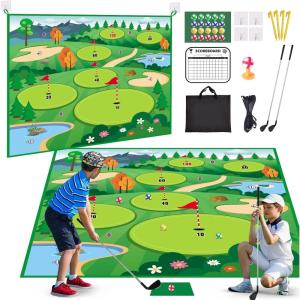imageVATOS Golf Chipping Game Mat with Club Golf Practice Mats Golf Training Mat Indoor Outdoor for Kids Adults Family Golf Hitting Mat with 20 Balls Play Equipment Stick Chip Golf Set Backyard Game70inch70inch