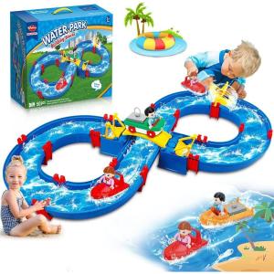 imageVATOS Kids Outdoor Water Table Toys Water Park Playset 50PCS DIY Table Beach Toy on Backyard Lawn Pool Waterway Toy with 2 Boats Summer Outside Activity Funs for Toddler Boys Girls Ages 48 35