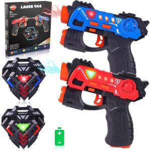 imageVATOS Laser Tag Guns Set Infrared Mini Laser Tag for Kids with Badges 2 Pack Laser Tag Game 2 Players Indoor Outdoor Laser Tag Blaster Group Activity Fun Toy for Kids Age 4 5 6 7 Boys Girls