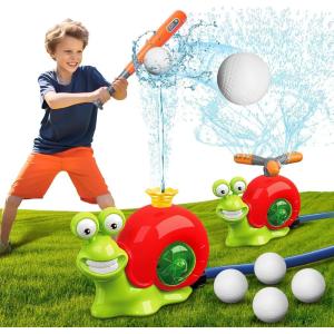 imageVATOS Water Sprinkler Baseball Toy for Kids Outdoor Play 2 in 1 Snail Summer Water Game with 2 Sprinkler Heads 360 Roating Spray Water Baseball for Boys Girls Summer Backyard Lawn Pool Party FunRed