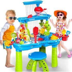 imageVATOS 3 Tier Sand Water Table Kids Splash Sand Table Water Toys for Aged 3 4 5 6 7 8 9 Activity Sensory Table Summer Beach Outside Toys for Toddlers Kids