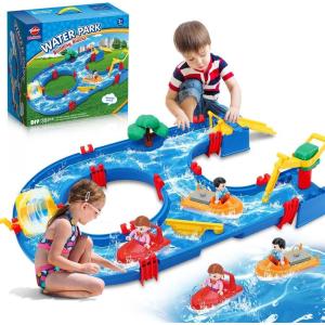 imageVATOS Kids Water Table Toy Outdoor in Summer 39pcs DIY Mini Water Park Building Blocks Toy on Table or LawnBeach Water Toy with 2 Boats for Kids in Summer Outdoor Backyard