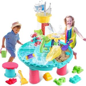 imageVATOS Water Table for Toddlers 3 in 1 Kids Outdoor Water Play Table Rain Showers Splash Pond Toys 31PCS Sensory Activity Sand Table Outside Backyard Summer Beach Toys for Boys Girls Age 3 4 5 6