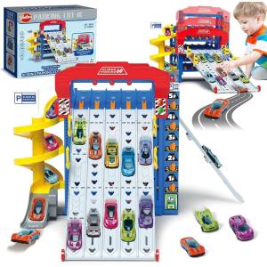 imageVATOS Sliding Track Truck Car Parking Toy Storage Track Car Toy with 10 Cars for Boys Ages 3 4 5 6 7 8 Birthday School Year Gift Car Set for Boys Girls Toddlers 35