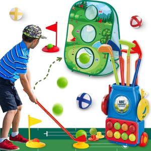 imageVATOS Golf Set for Kids 34PCS Kids Golf Clubs Kit with DoubleSided Golf Board Golf cart 4 Colorful Golf Clubs 14 Balls 2 Practice Holes ampamp Bases Golf mat Toddler Golf Set Game for Boys Girls