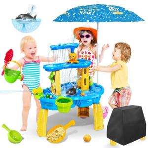 imageVATOS 3Tier Sand Water Table Toys for Kids with Water Pumb ampamp Umbrella Kids Splash Water Play Table Toys for Outside Outdoor Backyard Toddler Sensory Water Table for Toddlers Boys Girls