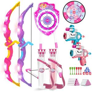 imageVATOS 2 Pack Bow and Arrow Toy with LED Light  4 in 1 Archery ampamp Dart Game Set with 20 Suction Cup Arrows Shark Glow Target ampamp Dart Board  IndoorOutdoor Birthday Gift for Kids Boys Girls Ages 512Pink