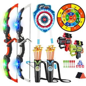 imageVATOS 2 Pack Bow and Arrow Toy with LED Light  4 in 1 Archery ampamp Dart Game Set with 20 Suction Cup Arrows Shark Glow Target ampamp Dart Board  IndoorOutdoor Birthday Gift for Kids Boys Girls Ages 512Blue