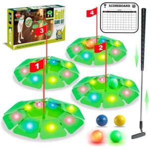 imageVATOS Light up Golf Putting Game Set  Glow Golf Toy with 4 LED Holes 4 Balls 2 Glow Extendable Putter Build Your Own Course at Home Indoor Outdoor Yard Office Golf Gifts for Kids Adults Golfer