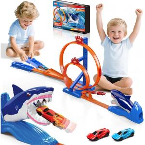 imageVATOS Shark Toys Car Track Set Dual Loop Race Track Toy for Boys Shark Car Racing Tracks with 2 Race Cars ampamp Launchers Jumping Raceway Playset Kids Toys Gift for Boys Girls 3 4 5 6 7 8 Year Old