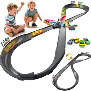 imageVATOS Slot Car Track Set for Kids 4 Rechargeable Crash Race Cars 2 Accumulator Chargers 2 in 1 DIY Slot Car Race Cars Toy for Boys Girls 3 4 5 6 7 8 9 10 Years Old