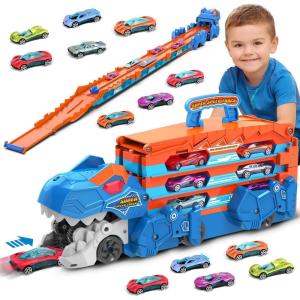 imageVATOS Toddler Truck Toy  Ejection Folding Dinosaur Track Portable Truck Car with 8 Race Cars Best Gift Toy Cars Set for Toddlers 3 4 5 6 7 Years Old