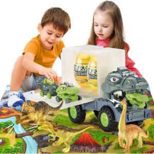imageVATOS Dinosaur Truck Toy for Kids 37 Years Tyrannosaurus Rex Transport Toys Set with Dinosaur cart Dinosaur Eggs Volcanic Eruption Activity Play Mat Best Dinasour Toys for Boys 3 Years Old