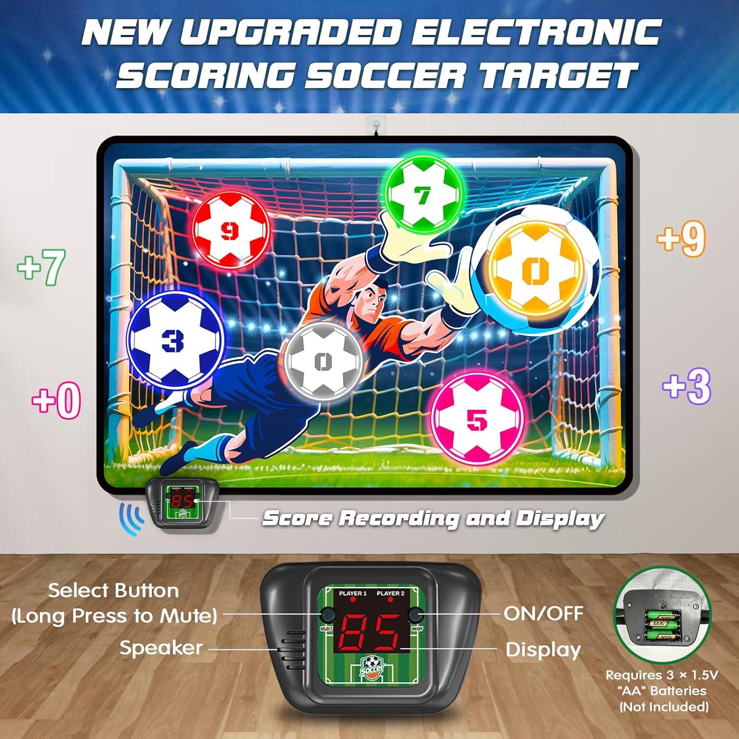 imageVATOS Electronic Scoring Soccer Toy Game Set for Kids Indoor Outdoor Soccer Training Target with RealTime Scoring 2 Modes Fabric Goal and 2 Soft Balls Fun Sport Birthday Ages 3