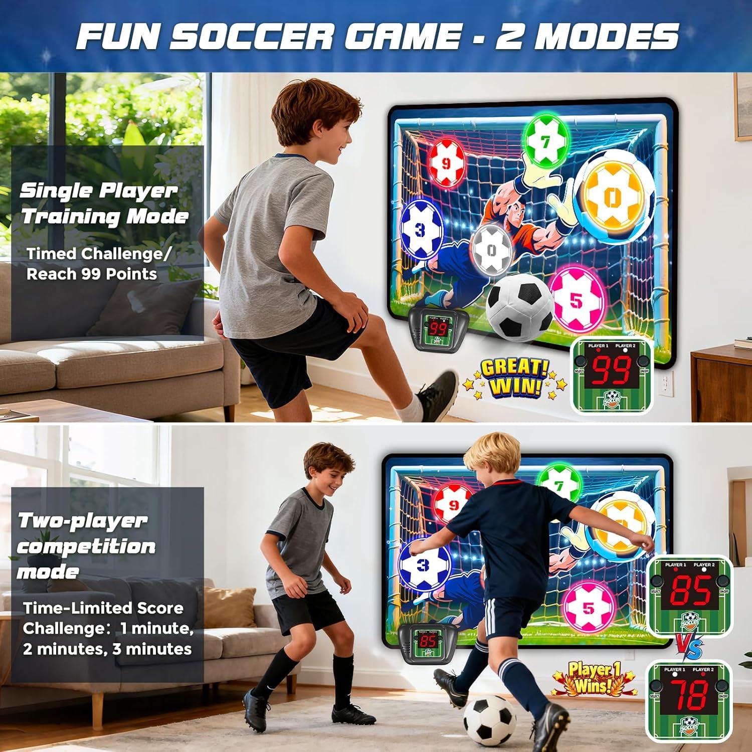 imageVATOS Electronic Scoring Soccer Toy Game Set for Kids Indoor Outdoor Soccer Training Target with RealTime Scoring 2 Modes Fabric Goal and 2 Soft Balls Fun Sport Birthday Ages 3