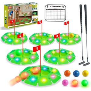 imageVATOS Light up Golf Putting Game Set  Glow Golf Toy with 6 LED Holes 6 Balls 2 Glow Extendable Putter Build Your Own Course at Home Indoor Outdoor Yard Office Golfs Gifts for Kids Adults Golfer