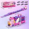 imageVATOS Toddler Truck Car Toys for 3 4 5 6 Year Old Girls Foldable Race Track Toy with 6 Race Cars Portable Transport Carrier Truck with Light ampamp Music Princess Toys Cars Gift for Kids Girls