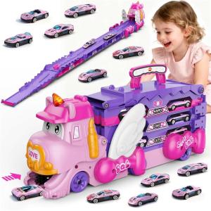 imageVATOS Toddler Truck Car Toys for 3 4 5 6 Year Old Girls Foldable Race Track Toy with 6 Race Cars Portable Transport Carrier Truck with Light ampamp Music Princess Toys Cars Gift for Kids Girls