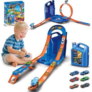 image:imageVATOS Toy Cars Fuel Tank Routes for Children 2in1 Mode Car Racing Track with 6 Cars Storage Stunt Box Race Tracks Toy Gift for Boys Age 3 4 5 6 7 8
