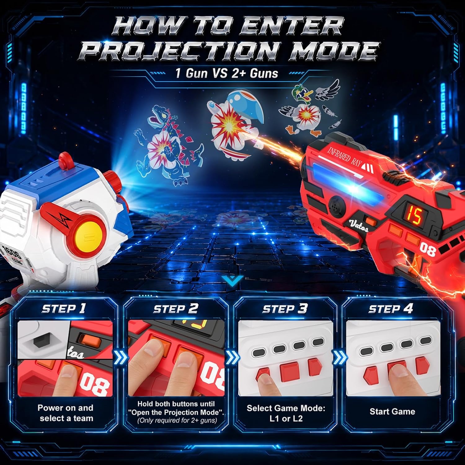 image:imageVATOS Rechargeable Laser Tag Set 2 Infrared Laser Tag Guns Interactive Projection with LED Score Display amp 3 Target Cards Kids Adults Shooting Battle Game Family Fun Toys Gift for Boys Girls 6