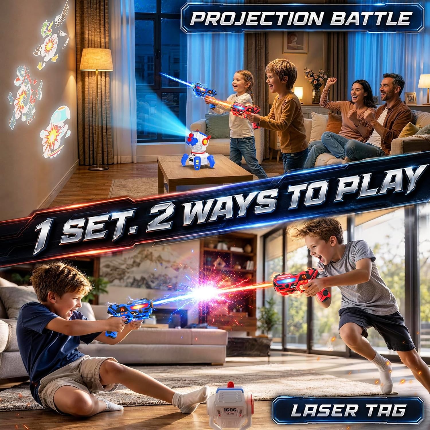 image:imageVATOS Rechargeable Laser Tag Set 2 Infrared Laser Tag Guns Interactive Projection with LED Score Display amp 3 Target Cards Kids Adults Shooting Battle Game Family Fun Toys Gift for Boys Girls 6