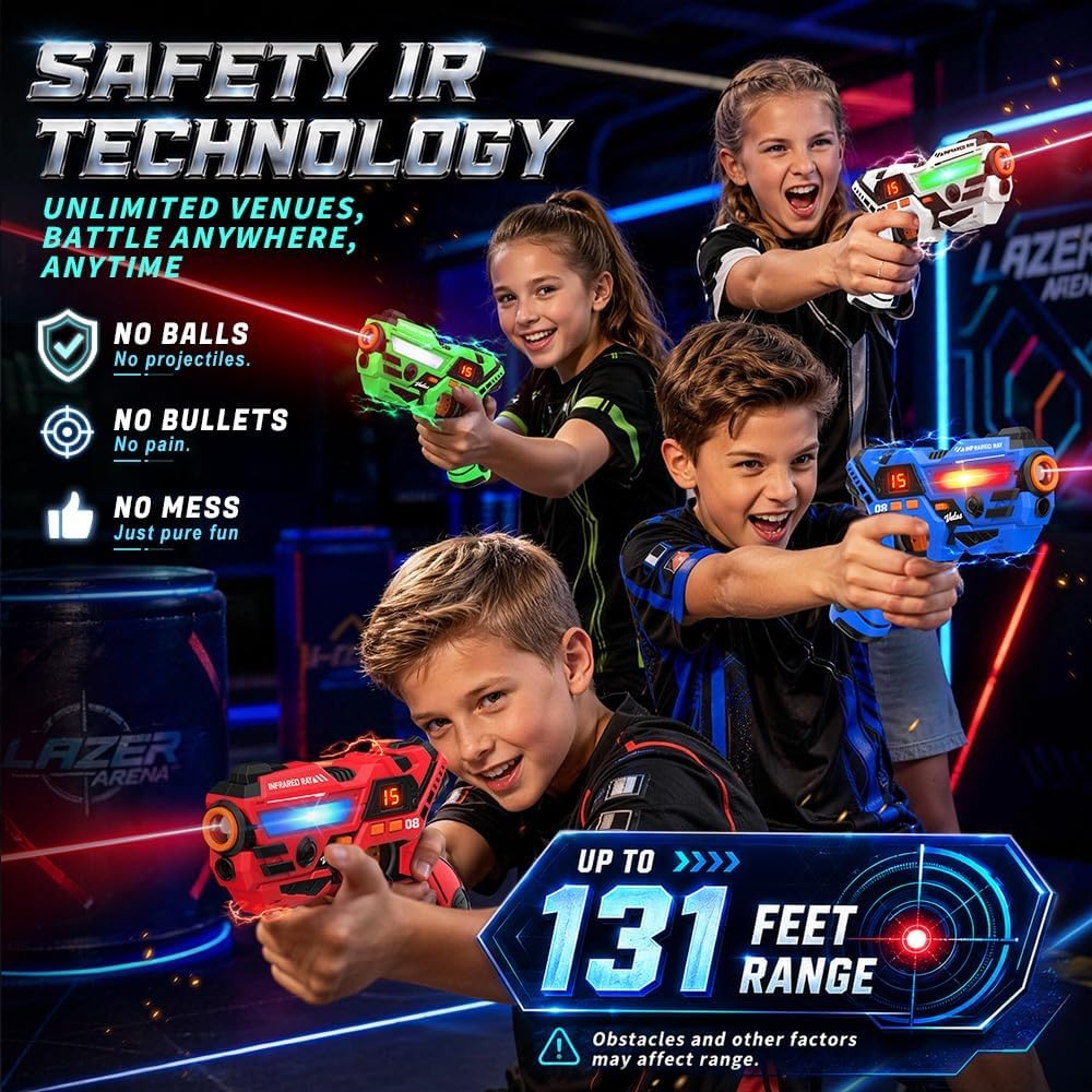 image:imageVATOS Rechargeable Laser Tag Set of 4 Infrared Laser Tag Guns with LED Screen Sound amp Vibration 40m Range  Indoor Outdoor Shooting Game Toys for Boys Girls Family Birthday Gift for Kids 6Red blue white and Green