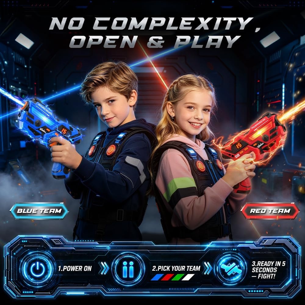 image:imageVATOS Rechargeable Laser Tag Set of 4 Infrared Laser Tag Guns with LED Screen Sound amp Vibration 40m Range  Indoor Outdoor Shooting Game Toys for Boys Girls Family Birthday Gift for Kids 6Red and Blue