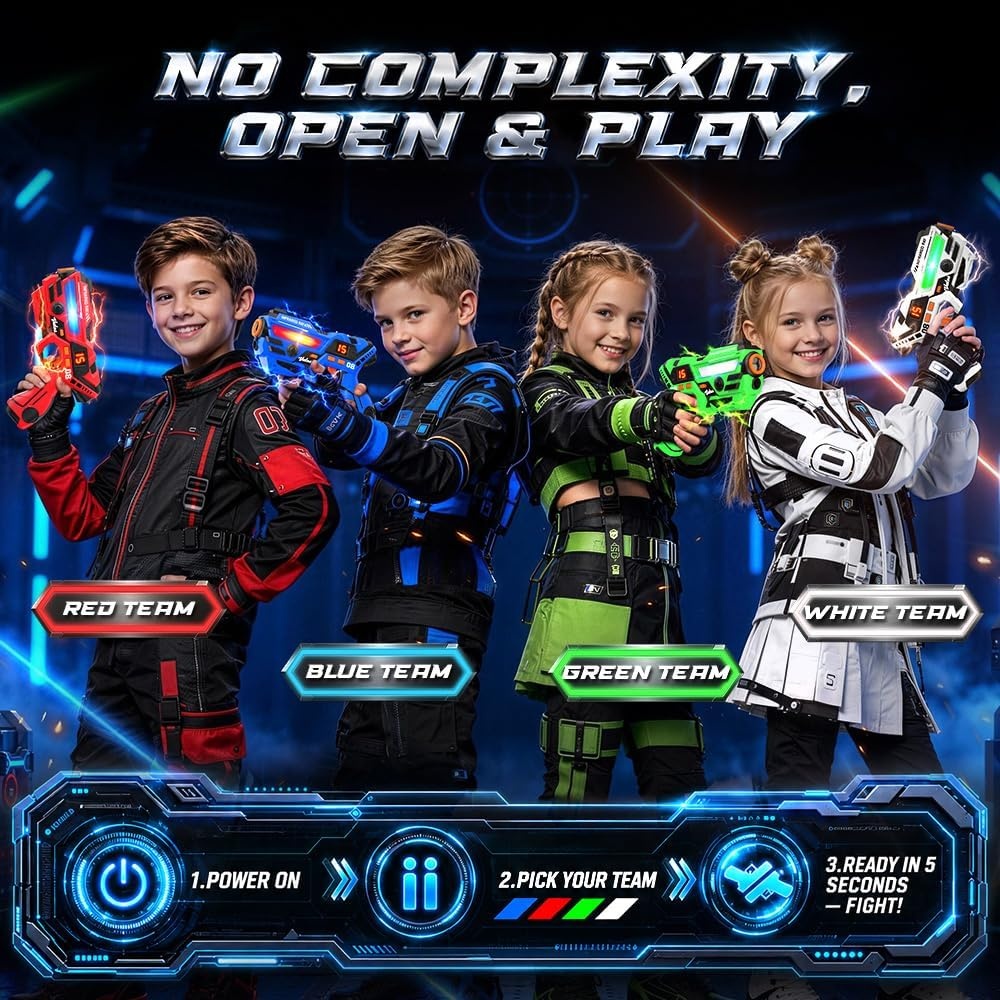 image:imageVATOS Rechargeable Laser Tag Set of 4 Infrared Laser Tag Guns with LED Screen Sound amp Vibration 40m Range  Indoor Outdoor Shooting Game Toys for Boys Girls Family Birthday Gift for Kids 6Red blue white and Green