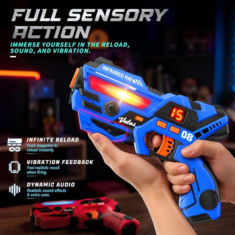 image:imageVATOS Rechargeable Laser Tag Set of 4 Infrared Laser Tag Guns with LED Screen Sound amp Vibration 40m Range  Indoor Outdoor Shooting Game Toys for Boys Girls Family Birthday Gift for Kids 6Red and Blue