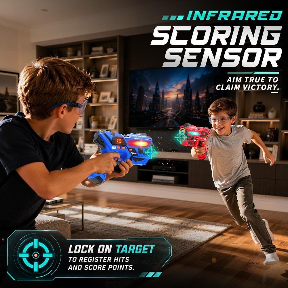 image:imageVATOS Rechargeable Laser Tag Set of 4 Infrared Laser Tag Guns with LED Screen Sound amp Vibration 40m Range  Indoor Outdoor Shooting Game Toys for Boys Girls Family Birthday Gift for Kids 6Red and Blue