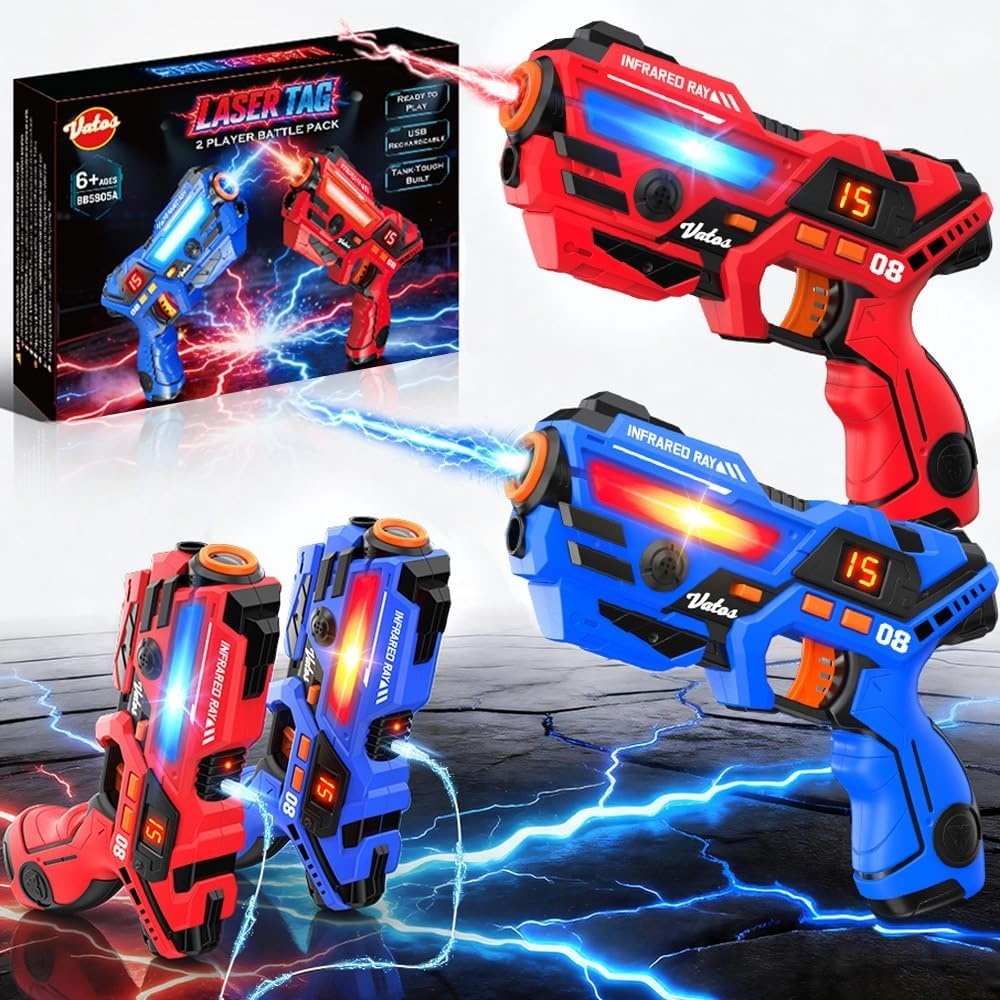 image:imageVATOS Rechargeable Laser Tag Set of 4 Infrared Laser Tag Guns with LED Screen Sound amp Vibration 40m Range  Indoor Outdoor Shooting Game Toys for Boys Girls Family Birthday Gift for Kids 6Red and Blue