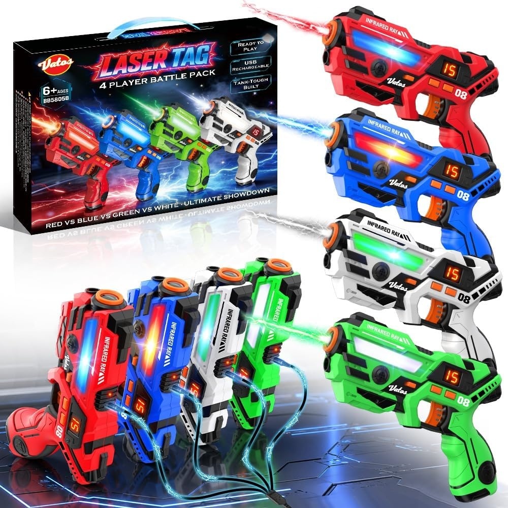 image:imageVATOS Rechargeable Laser Tag Set of 4 Infrared Laser Tag Guns with LED Screen Sound amp Vibration 40m Range  Indoor Outdoor Shooting Game Toys for Boys Girls Family Birthday Gift for Kids 6Red blue white and Green